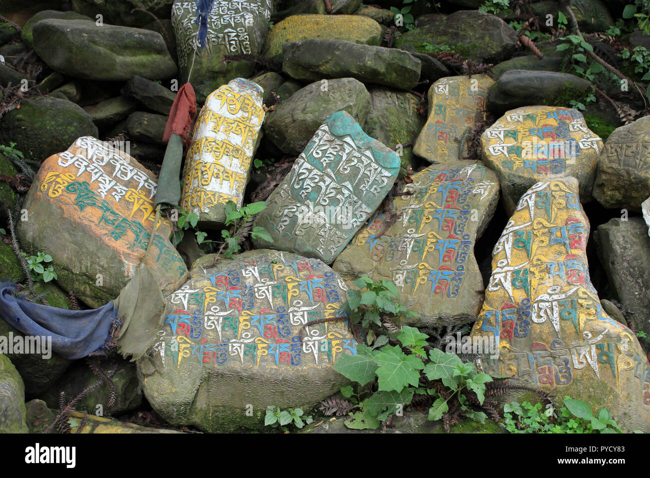Traduzione: il mantra Om mani padme Hum dipinto su mani sassi o pietre. Prese a Kathmandu, Agosto 2018. Foto Stock