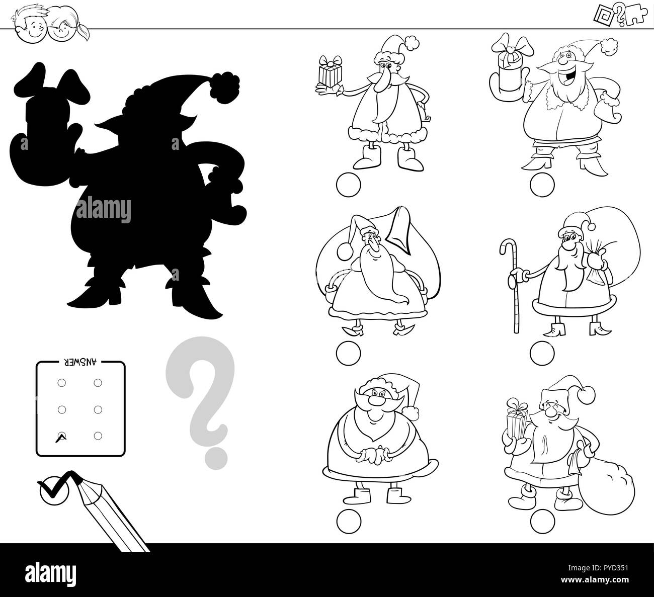 Bianco e Nero Cartoon illustrazione di trovare la giusta ombra attività educative per i bambini con Babbo Natale caratteri libro da colorare Illustrazione Vettoriale