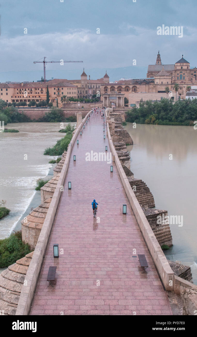 Biker attraversando il ponte di Cordoba. Vista aerea dalla torre di Calahorra. Cordoba, Andalusia, Spagna Foto Stock