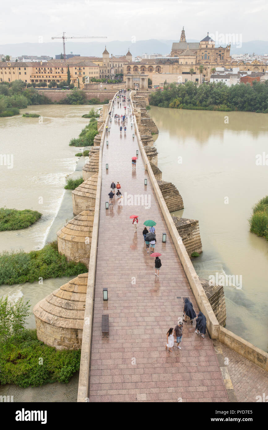 Ponte di cordoba moschea e dalla Torre di Calahorra un giorno di pioggia. Cordoba, Andalusia, Spagna Foto Stock