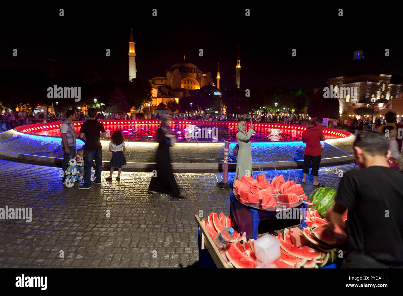 Fontana nel parco Sultanahment affacciato Yeni camii nuova moschea di Istanbul in Turchia Foto Stock