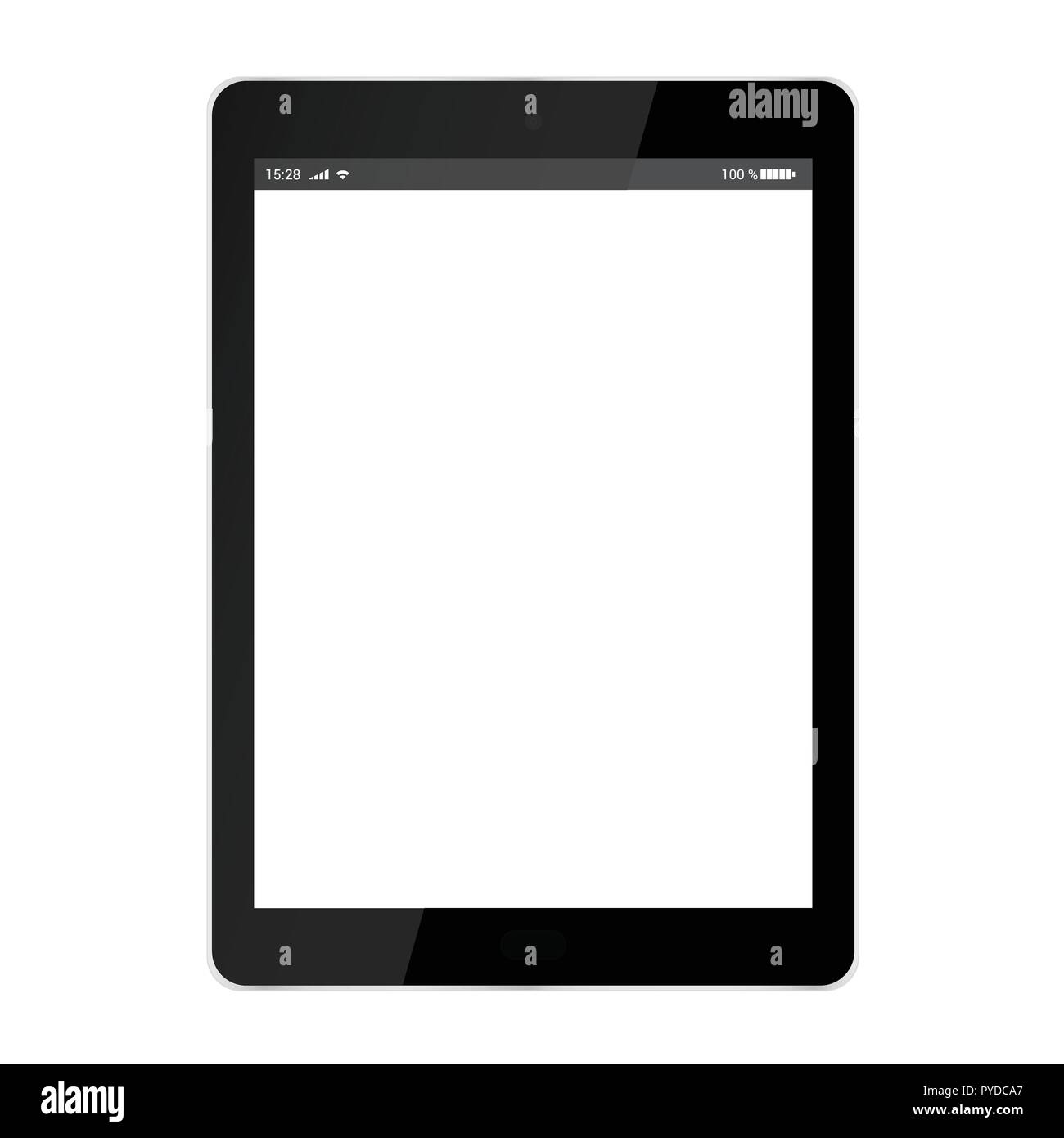 Illustrazione realistica del tablet nero con il bianco touch screen con batteria, wifi e rete cellulare simboli, con riflessi, isolato su bianco backgrou Illustrazione Vettoriale