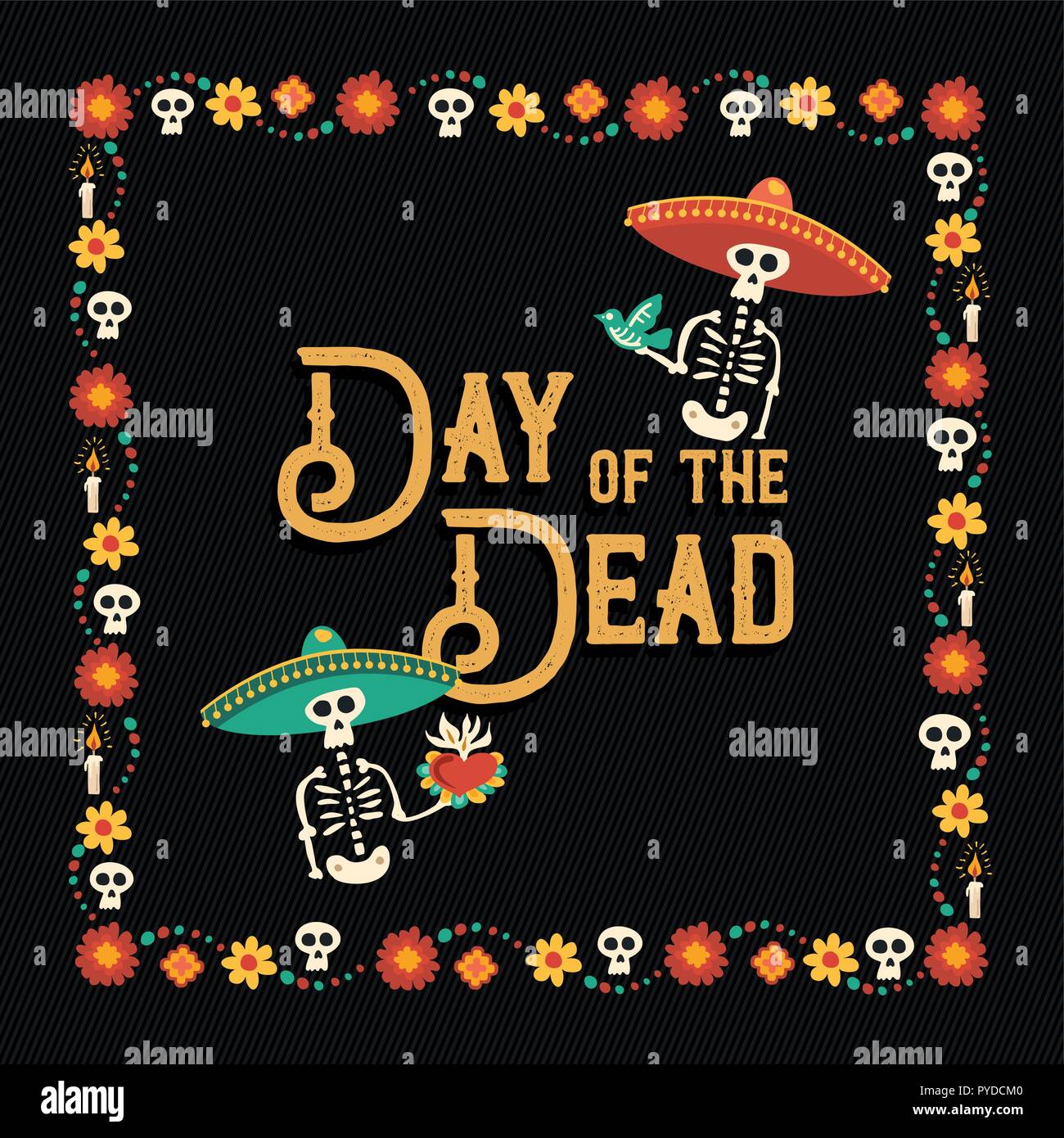 Il giorno dei morti greeting card illustrazione per la tradizionale cultura del Messico vacanza celebrazione con teschi di zucchero e Decorazione messicana. Illustrazione Vettoriale