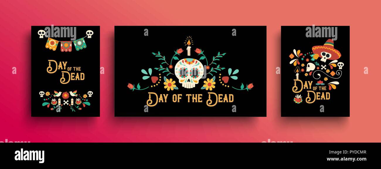 Il giorno dei morti greeting card set di modelli per la tradizionale cultura messicana holiday celebrazione con teschi di zucchero e decorazione del Messico. Illustrazione Vettoriale