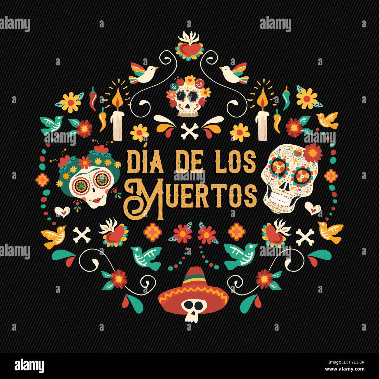 Il giorno dei morti in spagnolo di biglietto di auguri illustrazione. Messico tradizionale cultura celebrazione vacanze design con teschi di zucchero e arredamento messicano Illustrazione Vettoriale