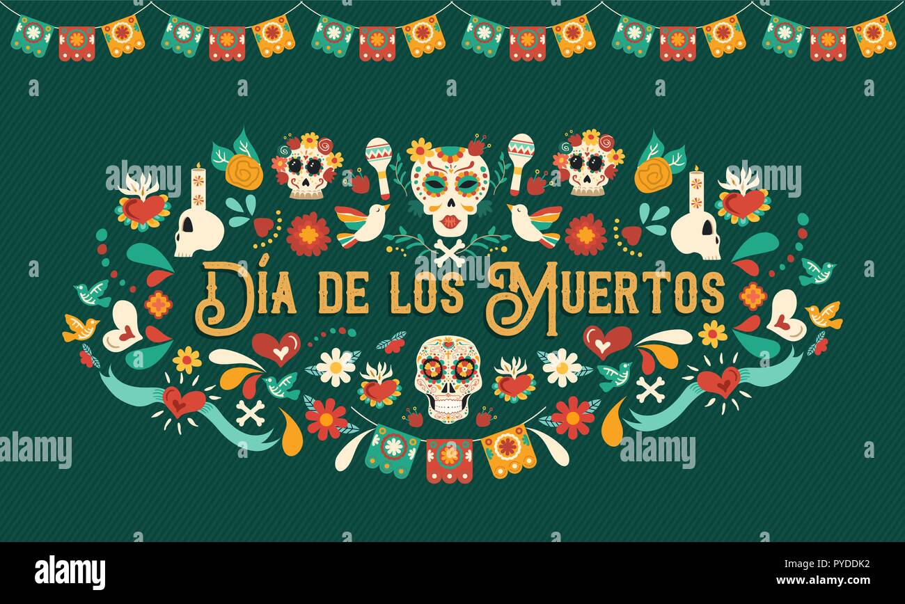 Il giorno dei morti greeting card illustrazione in lingua spagnola per la tradizionale cultura messicana holiday celebrazione con teschi di zucchero e decora il Messico Illustrazione Vettoriale