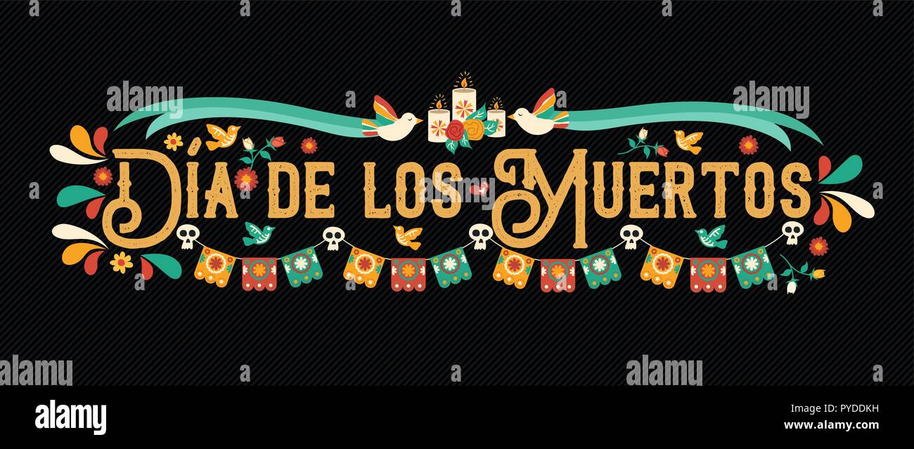 Il giorno dei morti greeting card illustrazione in lingua spagnola per la tradizionale cultura messicana holiday celebrazione con teschi di zucchero e decora il Messico Illustrazione Vettoriale