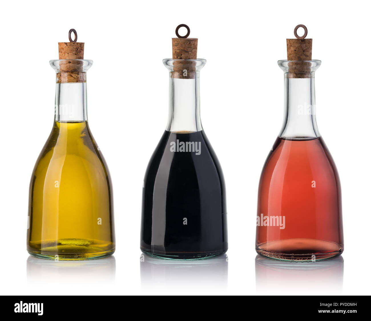 Bottiglia di olio di oliva e aceto isolati su sfondo bianco Foto Stock