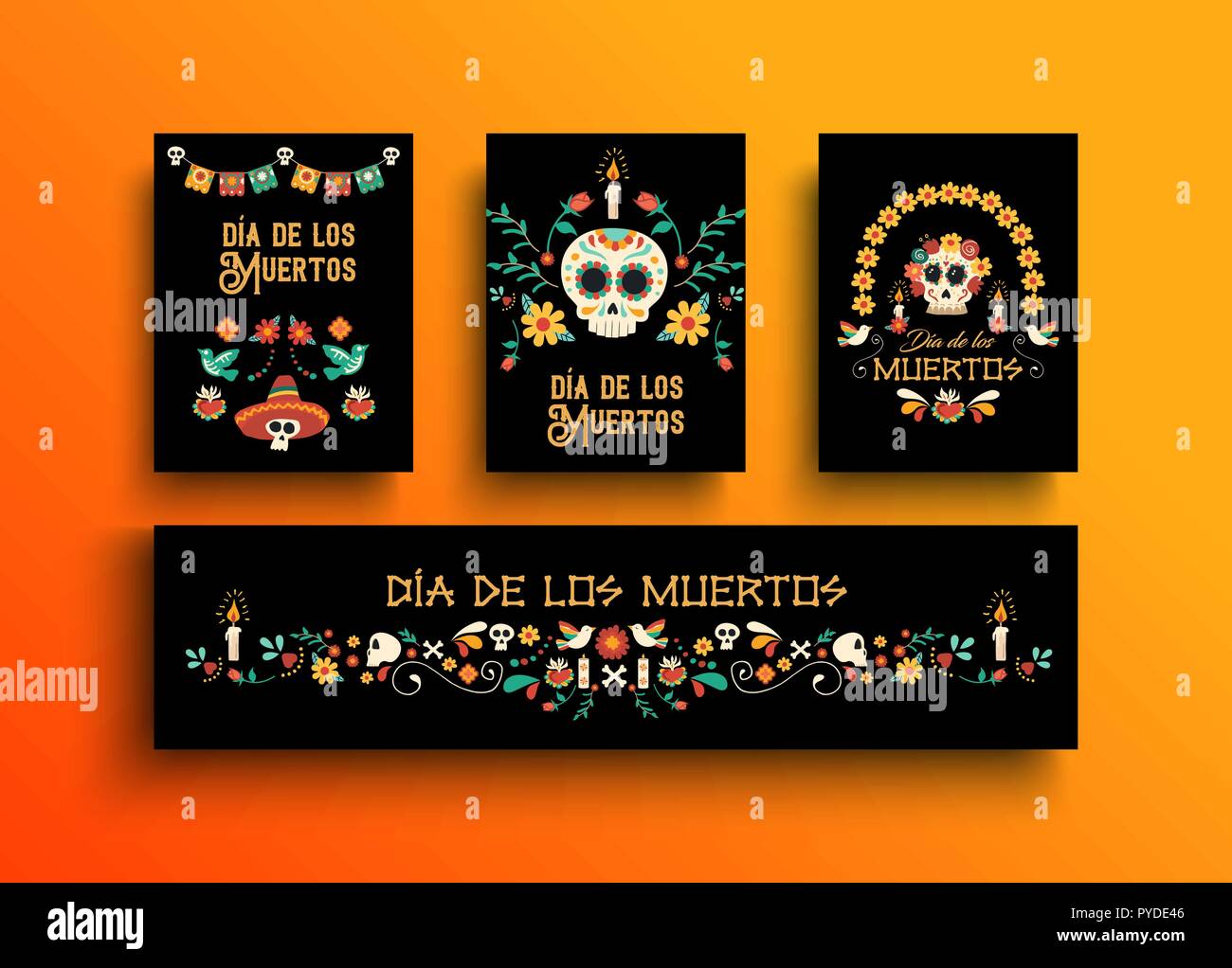 Il giorno dei morti greeting card set di modelli per la tradizionale cultura messicana holiday celebrazione con teschi di zucchero e decorazione del Messico in spagnolo lang Illustrazione Vettoriale