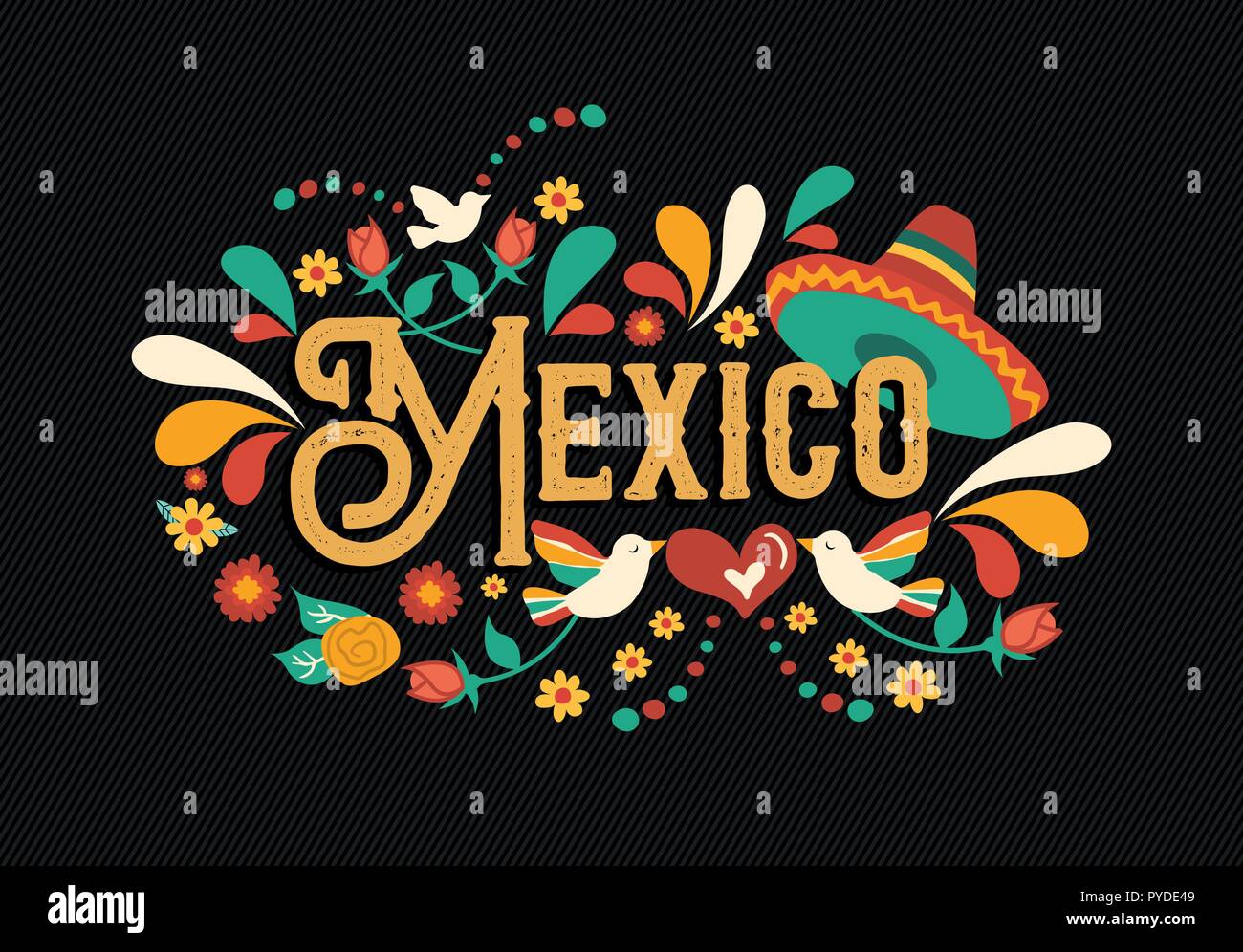 Messico paese tipografia illustrazione con la tradizionale cultura messicana decorazione in mano stile disegnato per evento nazionale, partito o festosa celebratio Illustrazione Vettoriale