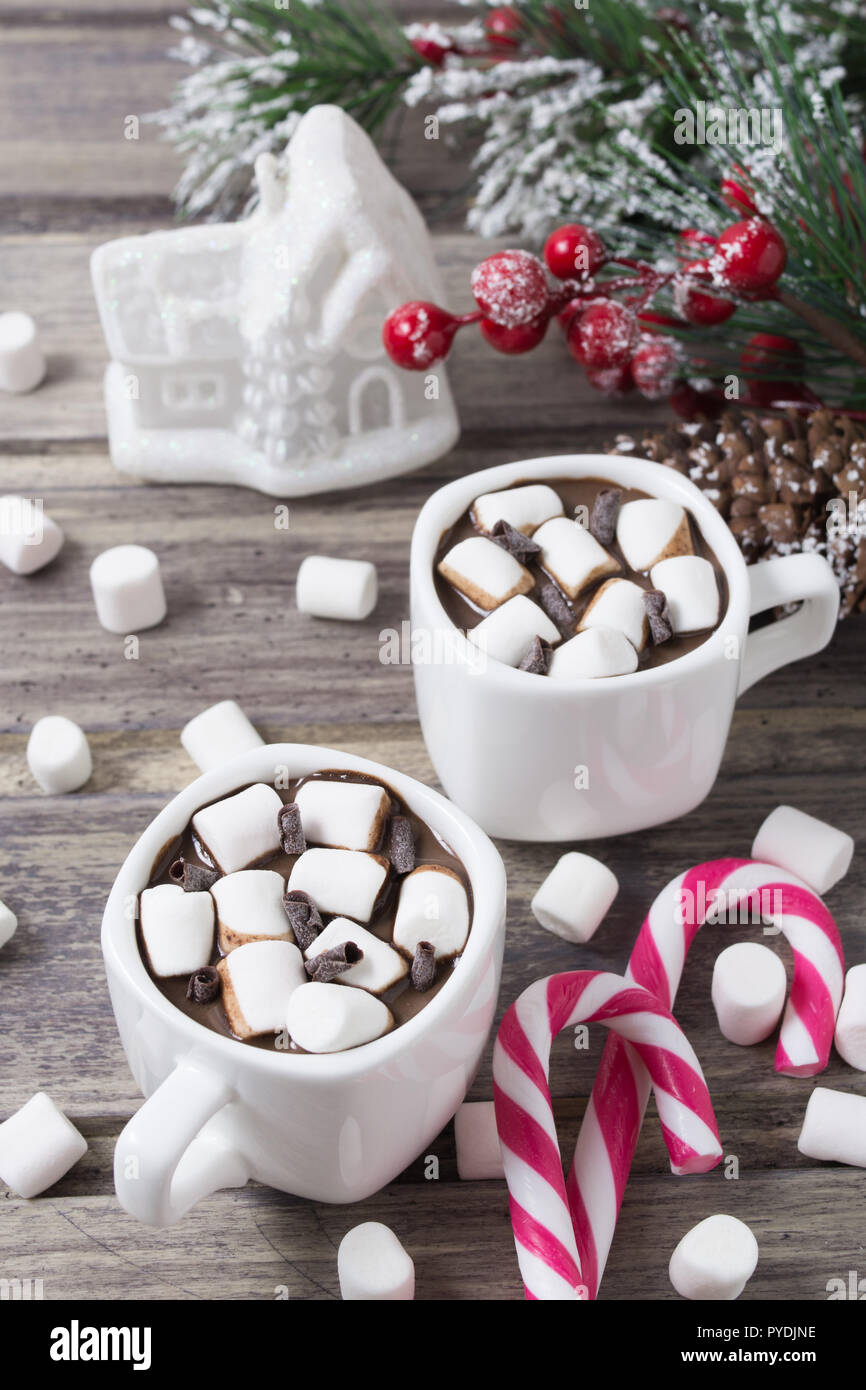 Natale ancora in vita - due tazze di cioccolata calda con marshmallow, caramelle, casa del giocattolo e il ramo di abete con bacche Foto Stock