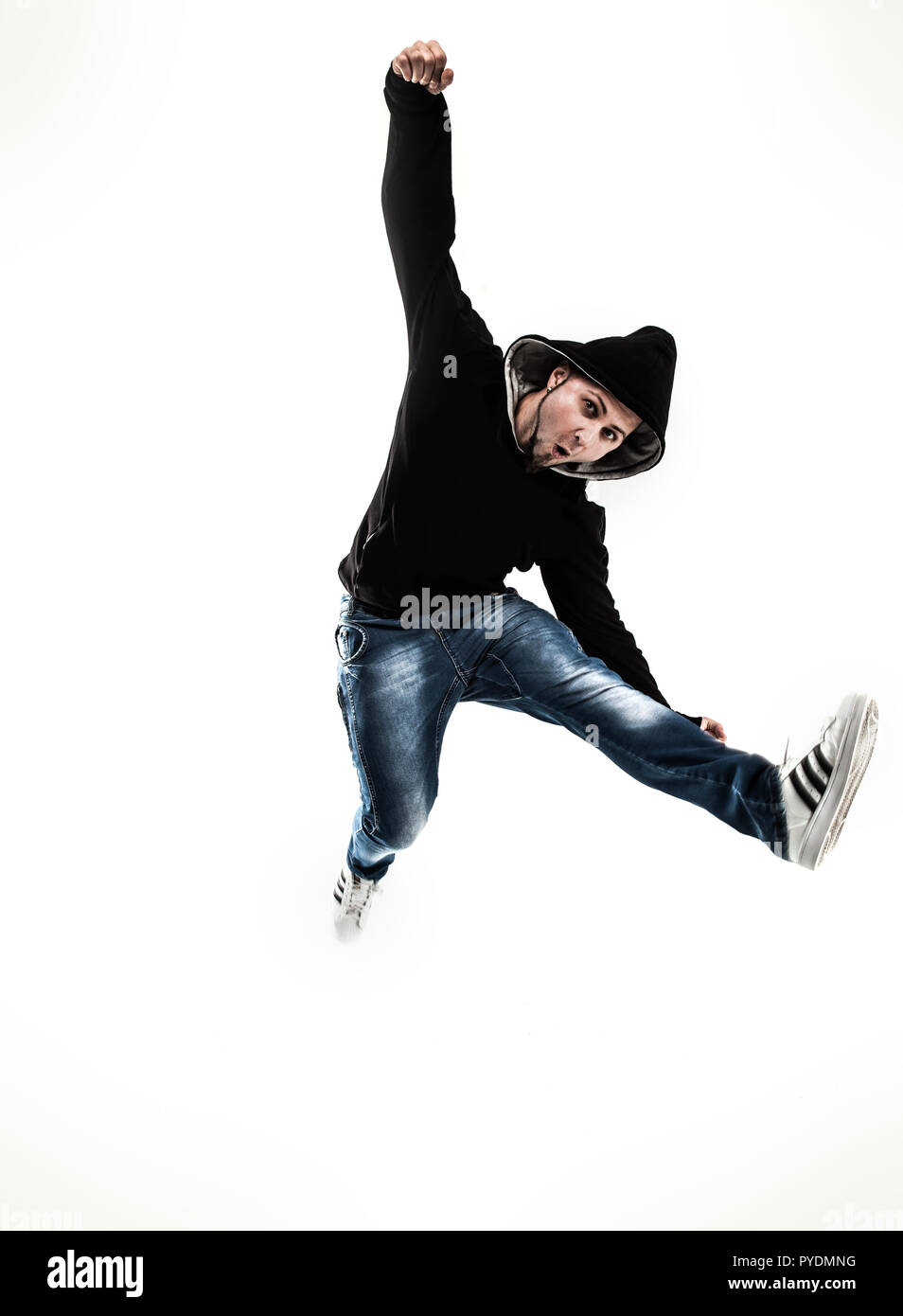 Elegante rapper sta ballando breakdance .foto su un bianco backgroun Foto Stock