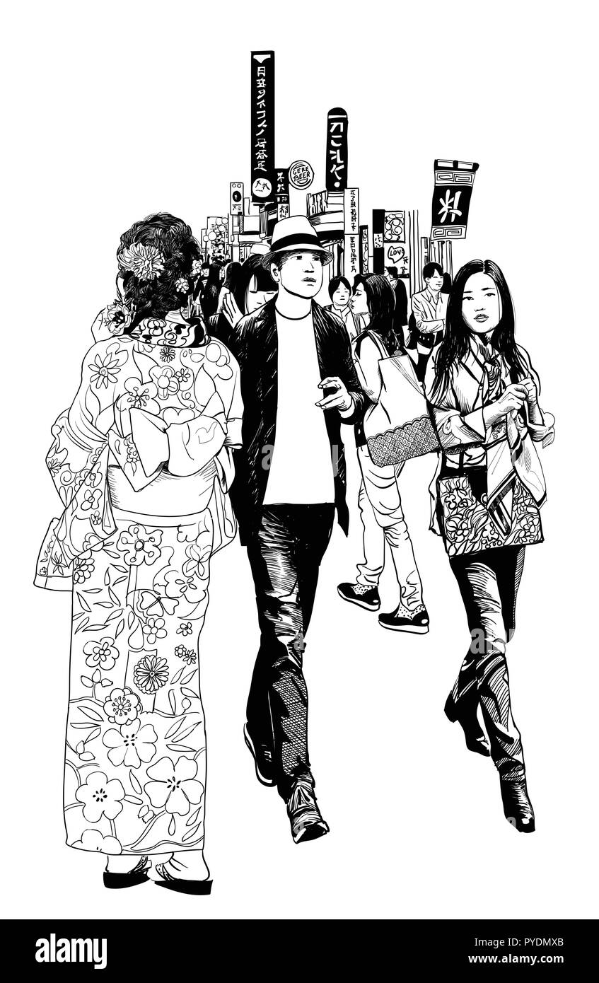 Pedoni in una strada di Tokyo - illustrazione vettoriale (tutti segno e i caratteri sono fittizi) Illustrazione Vettoriale