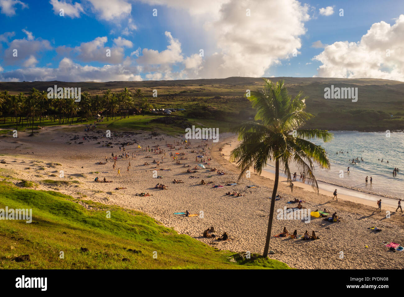 Spiaggia di Anakena in isola di pasqua in una giornata di sole Foto Stock