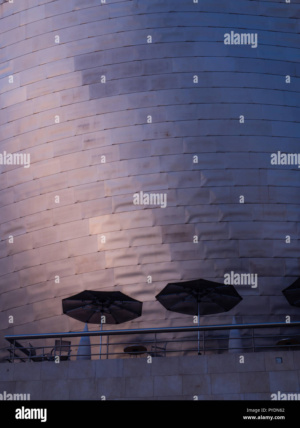 Dettaglio di titanio del museo Guggenheim di Bilbao con ombrelloni. Paese Basco in Spagna Foto Stock