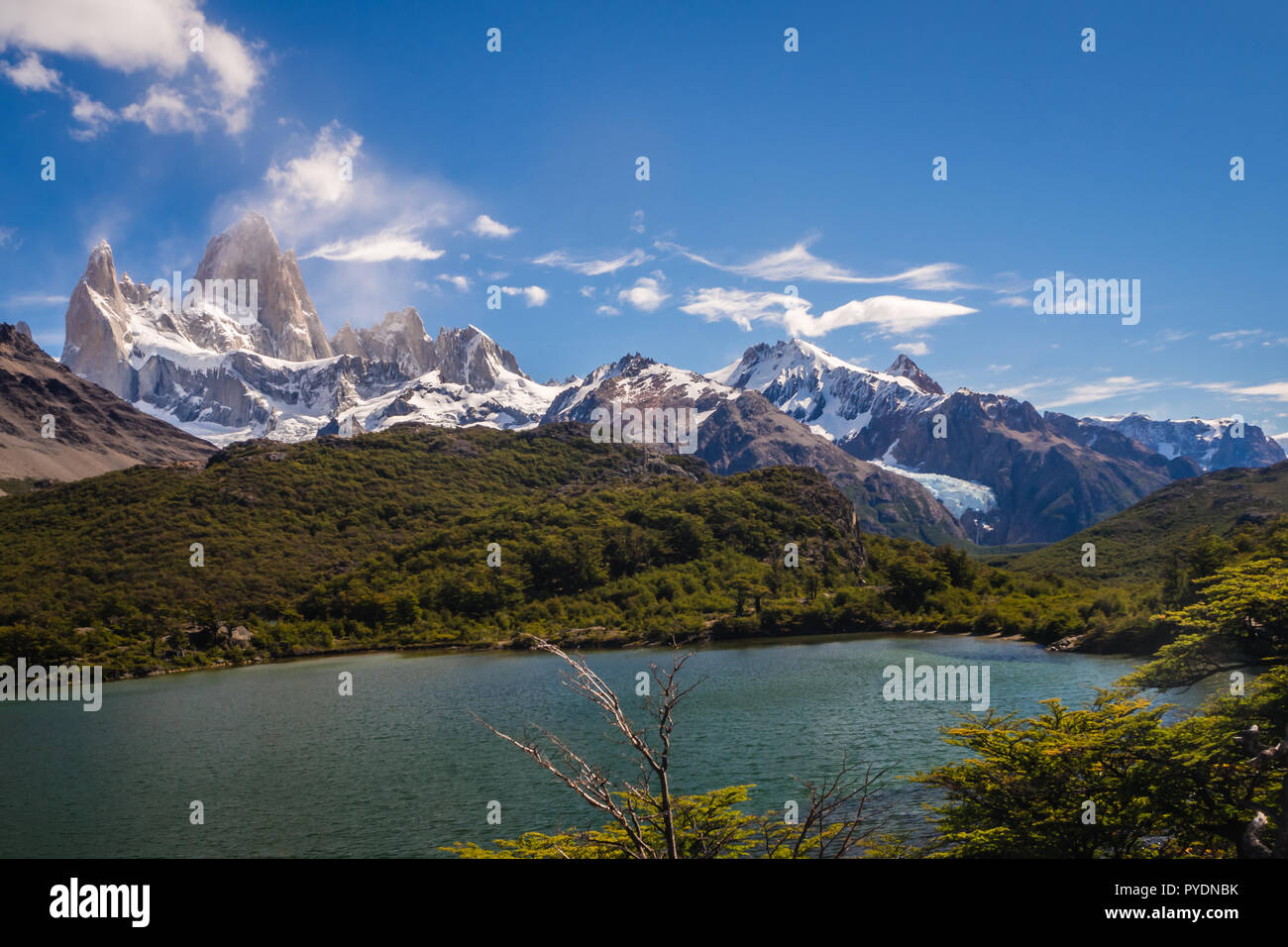 Il paesaggio del monte Fitz Roy in El Chalten, Argentina. Montagne, foreste, laghi e ghiacciai a ghiacciai Parco Nazionale della Patagonia Foto Stock