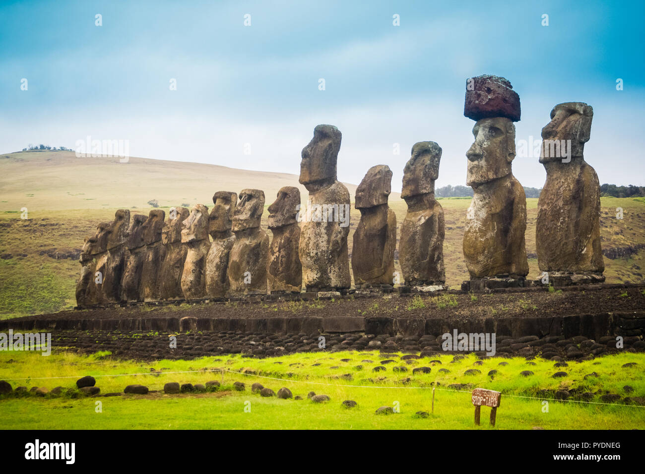 Moais a Ahu Tongariki nell isola di pasqua. Il più grande ahu nell'isola 15 moai Foto Stock