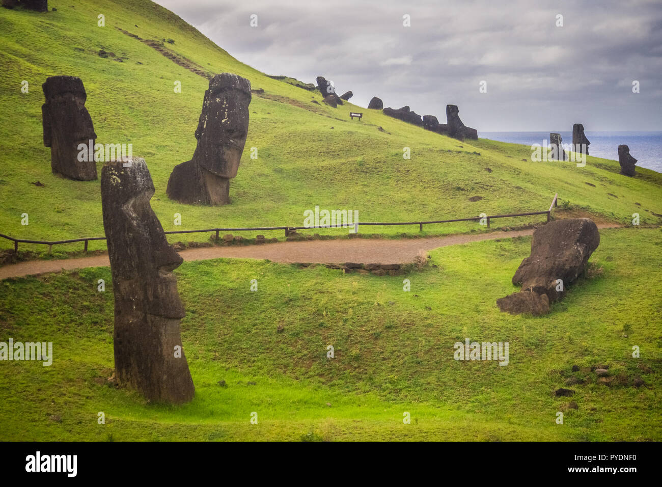 Moais statue in Rano Rarako vulcano, l'isola di pasqua. Sepolto moais in Rapa Nui Isola, Cile Foto Stock