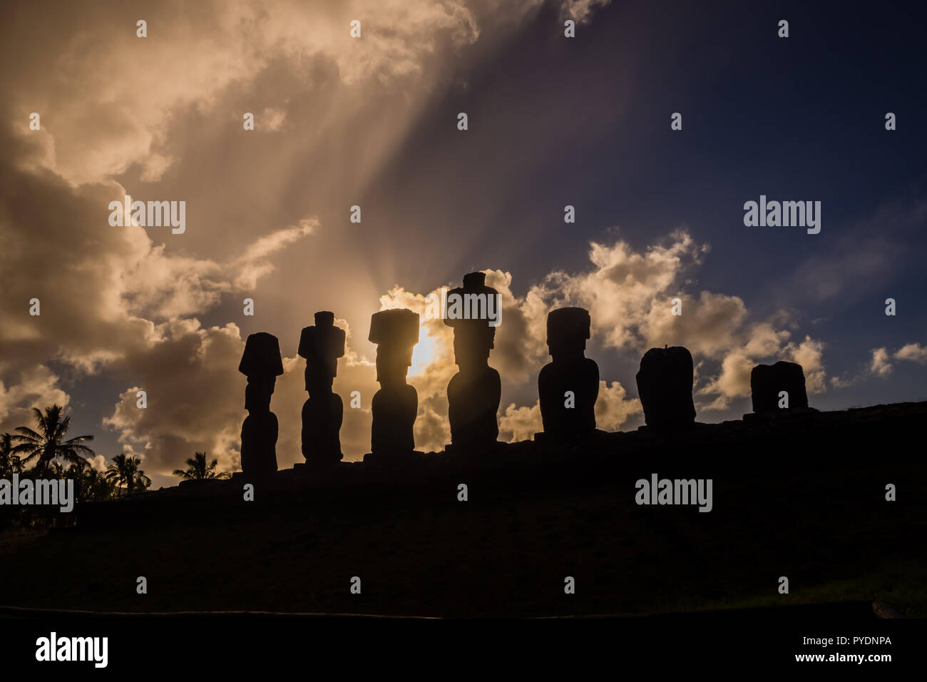 Silhouette del moais di Ahu Nau Nau in Isola di Pasqua. Spiaggia di Anakena in Rapanui, Cile Foto Stock