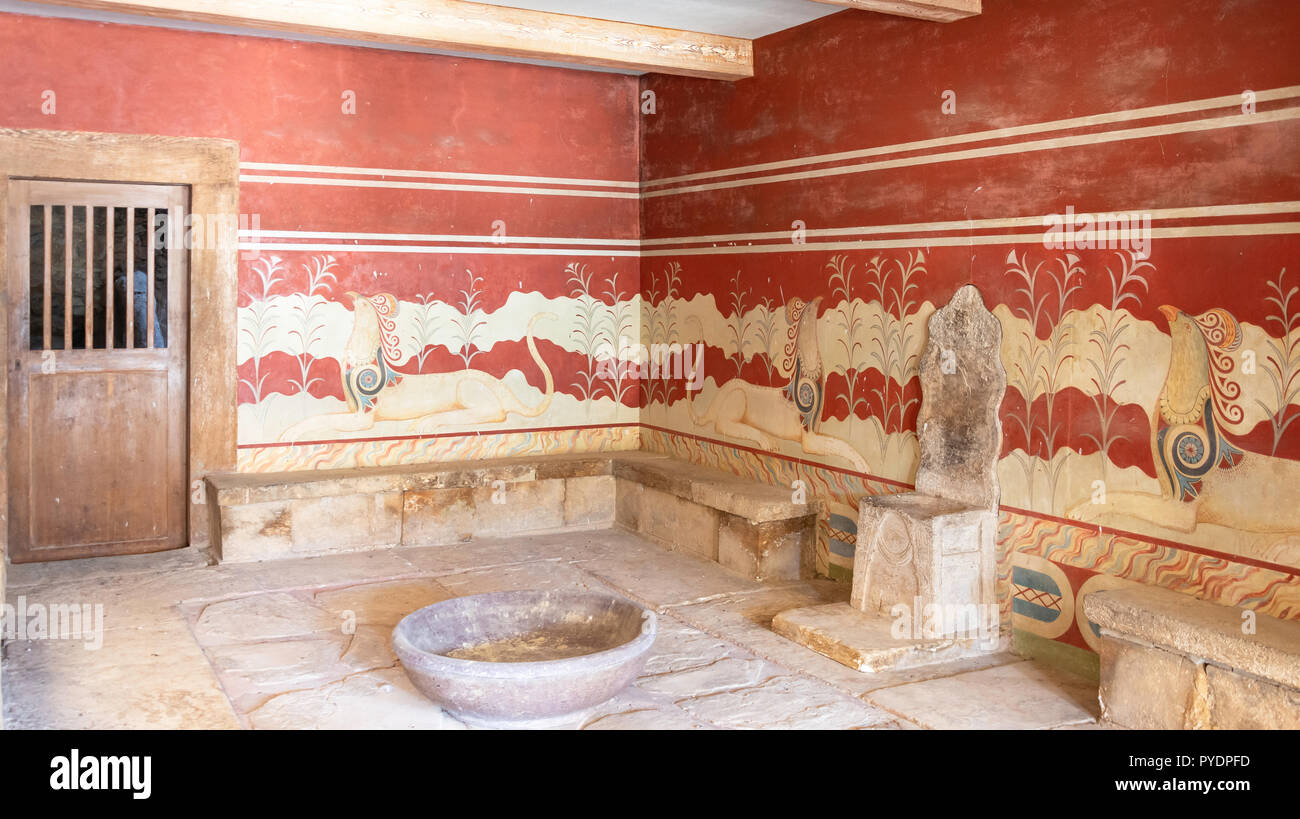 La piccola Sala del Trono, palazzo minoico di Cnosso, Heraklion (Irakleio), Regione di Irakleio, Creta (Kriti), Grecia Foto Stock
