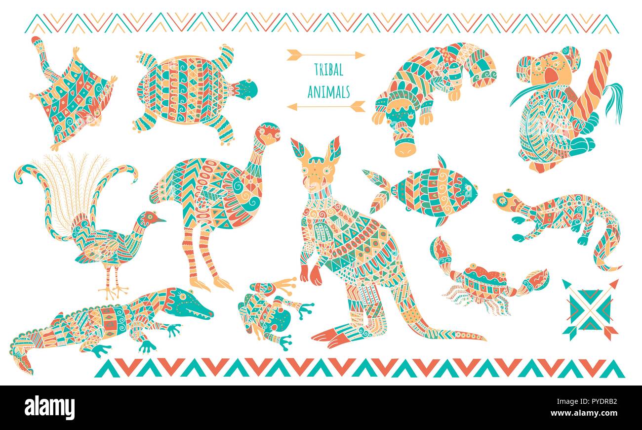 Australian stilizzata set animali isolati su sfondo bianco. Stilizzata animali tribali isolati su sfondo bianco. Illustrazione Vettoriale