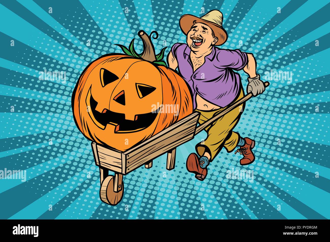 Zucca di Halloween. agricoltore, l'uomo con una carriola in legno. Fumetto cartoon arte pop retrò illustrazione vettoriale disegno Illustrazione Vettoriale