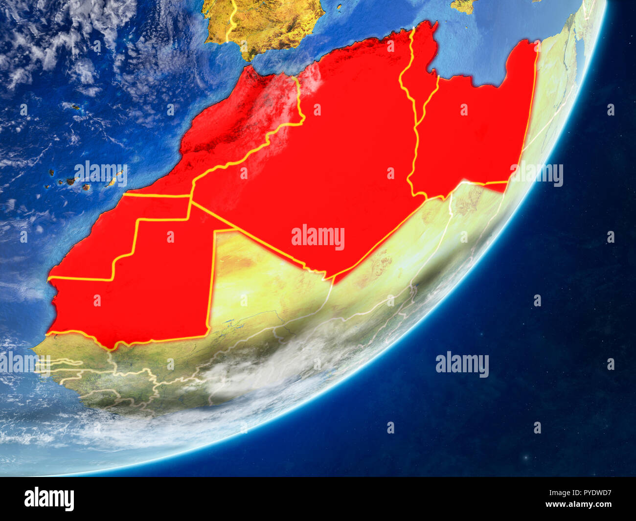 Regione del Maghreb sul modello del pianeta Terra con i confini e molto dettagliata della superficie planet e nuvole. 3D'illustrazione. Gli elementi di questa immagine furn Foto Stock