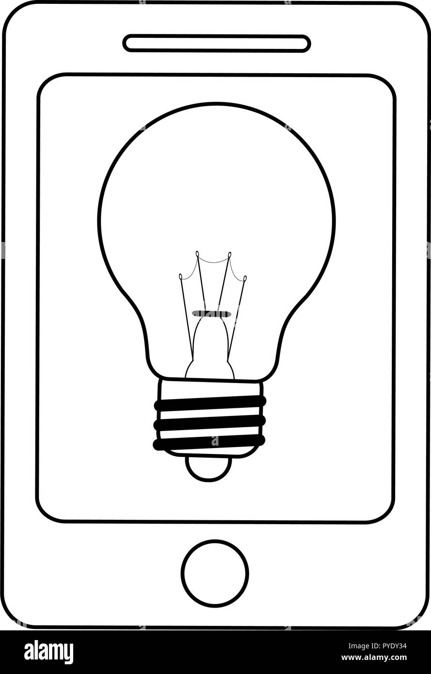 Smartphone con lampadina luce in bianco e nero Illustrazione Vettoriale