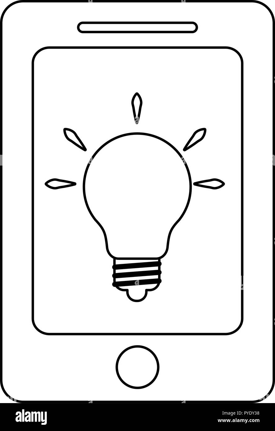 Smartphone con lampadina luce in bianco e nero Illustrazione Vettoriale