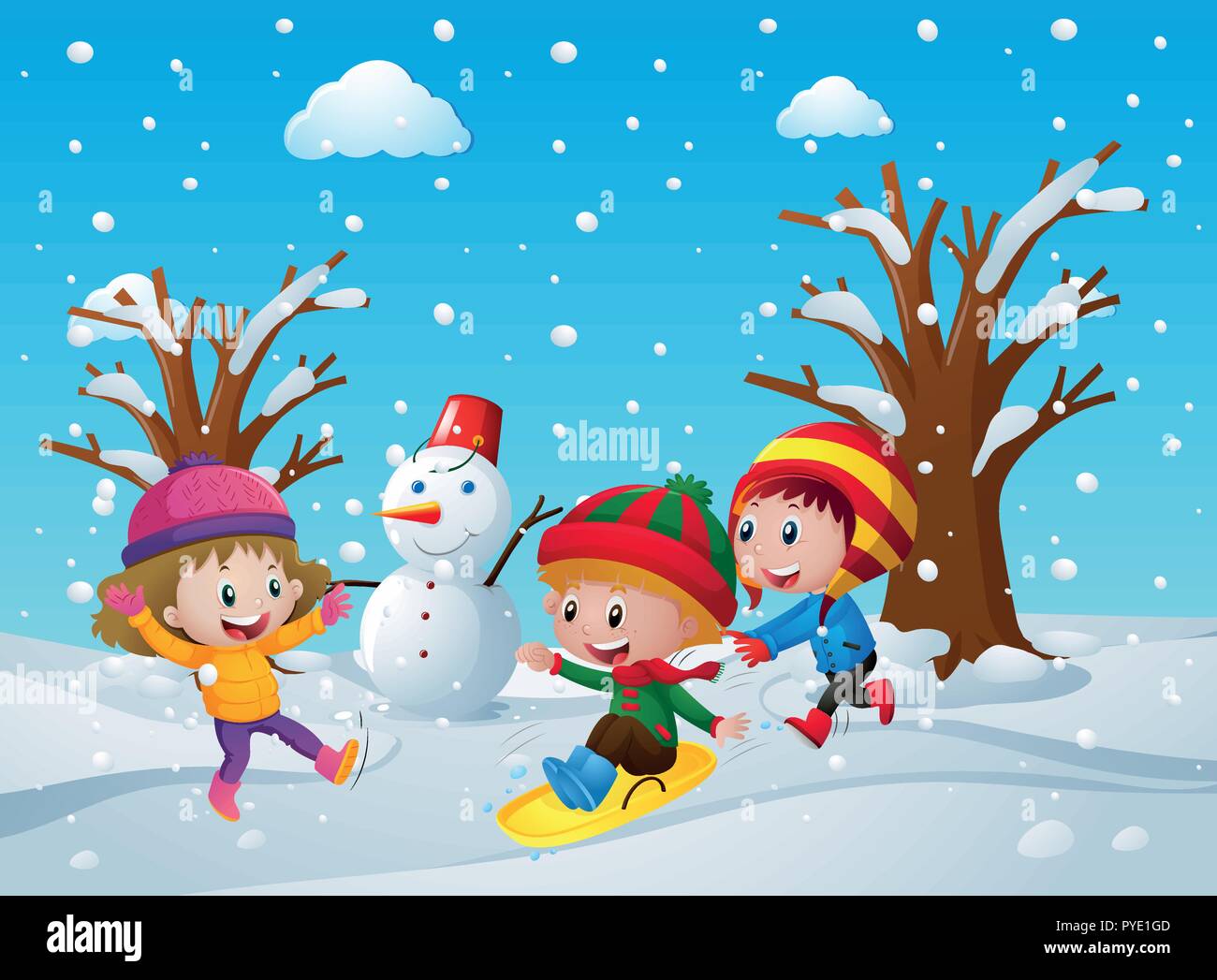 Tre bambini che giocano nella neve illustrazione Illustrazione Vettoriale