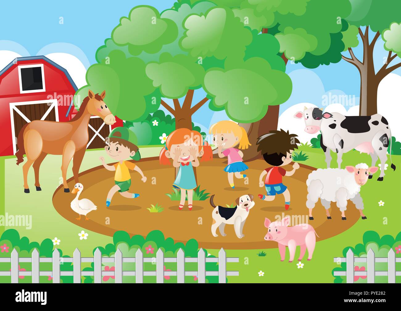 Bambini e animali di fattoria in fattoria illustrazione Immagine e  Vettoriale - Alamy