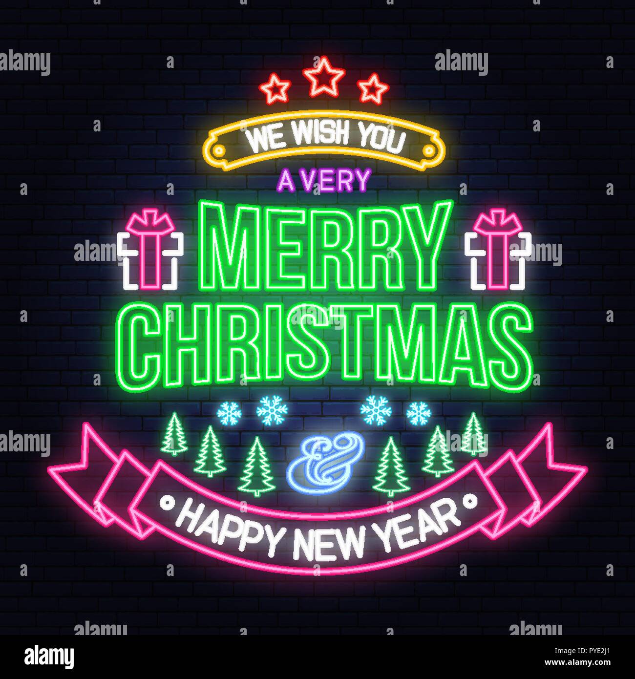 Vi auguriamo un Buon Natale e Felice Anno Nuovo segno al neon con i fiocchi di neve, l'albero di natale, regalo. Vettore. Design al neon per Natale e Anno nuovo emblema, cartello luminoso, luce banner. Cartello di notte Illustrazione Vettoriale