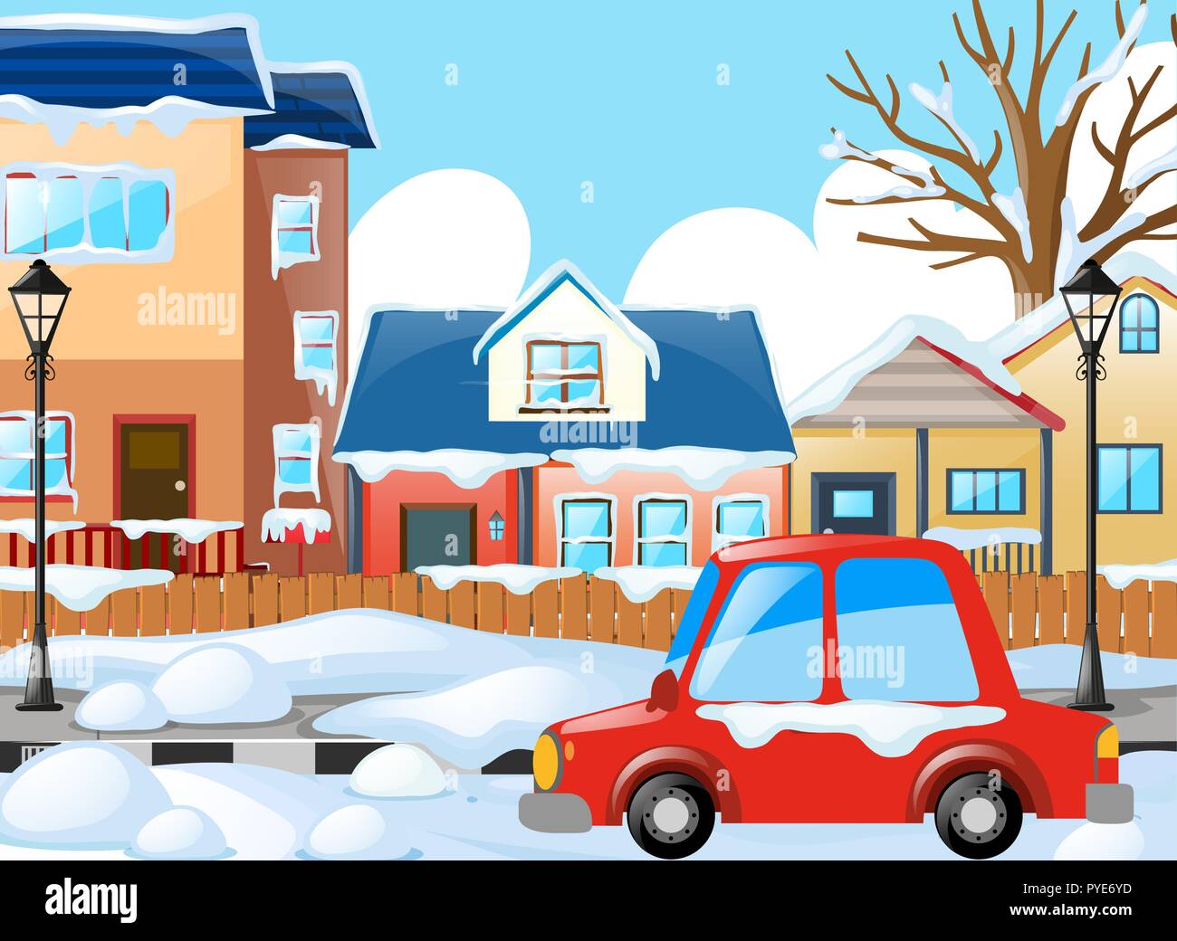 La scena del villaggio con auto e case sotto la neve illustrazione Illustrazione Vettoriale