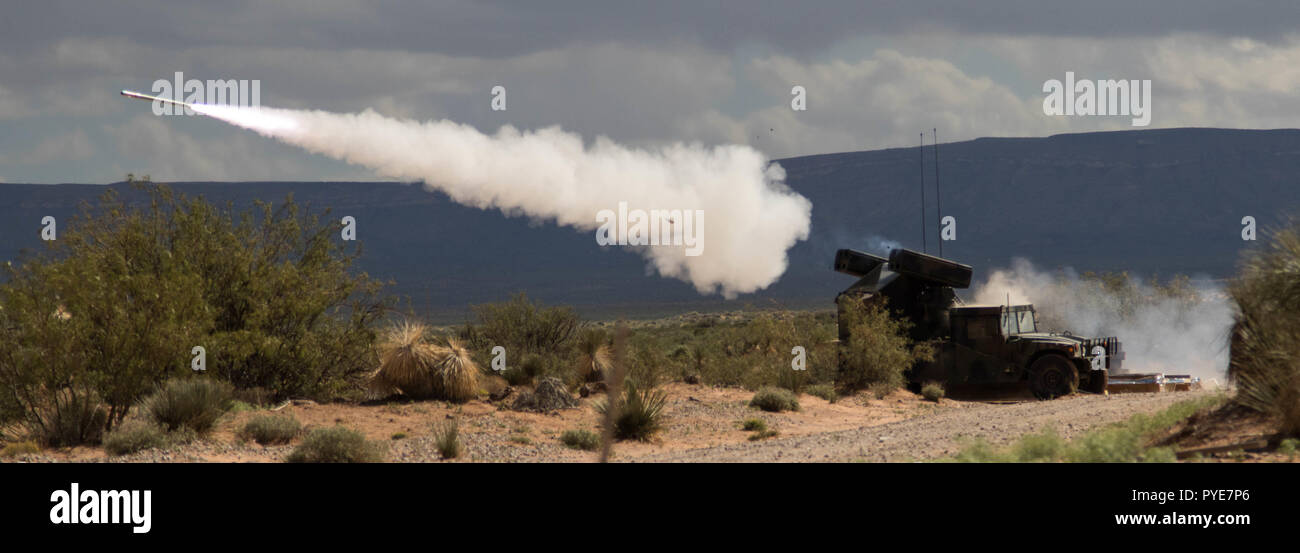 Un vendicatore Weapon System incendi in un live-fire a corto raggio gamma missile vicino a White Sands Missile Range, New Mexico, il 14 ottobre 2018. Il sistema è stato gestito da soldati con Charlie batteria, 1° Battaglione, 174ma la difesa aerea brigata di artiglieria, Ohio Army National Guard. (U.S. Esercito Personale fotografica Sgt. Urtato boschi, 157della brigata di fanteria per Affari pubblici) Foto Stock