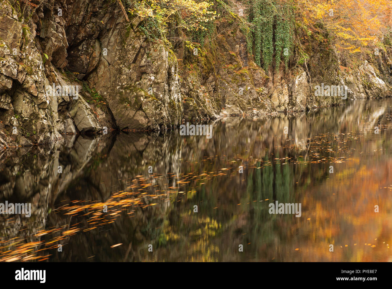 Autunno colori riflessi nel fiume Garry, Killiecrankie Gorge, Perthshire Scozia. Foto Stock