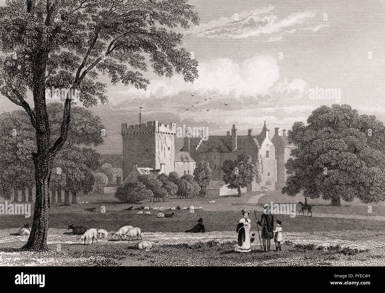 Tamburo castello vicino Drumoak, Aberdeenshire, Scozia, secolo XIX, dalla moderna Atene da Th. H. Pastore Foto Stock