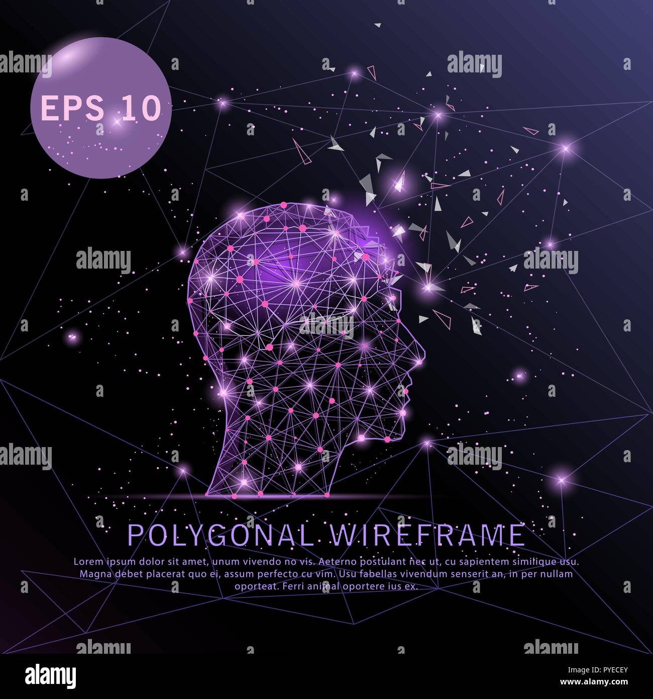 Testa con il cervello viola poligonale disegnati digitalmente avveniristico bassa poli wire frame punto forma, composizione e linee illustrazione vettoriale. Illustrazione Vettoriale