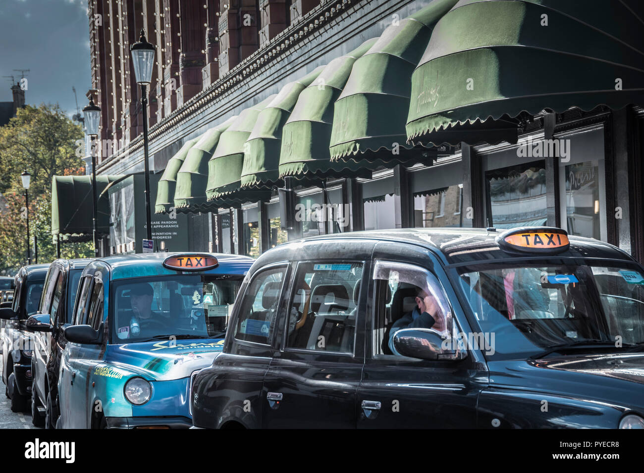 I grandi magazzini Harrods tende da sole a marchio verde in Knightsbridge di Londra, Regno Unito Foto Stock