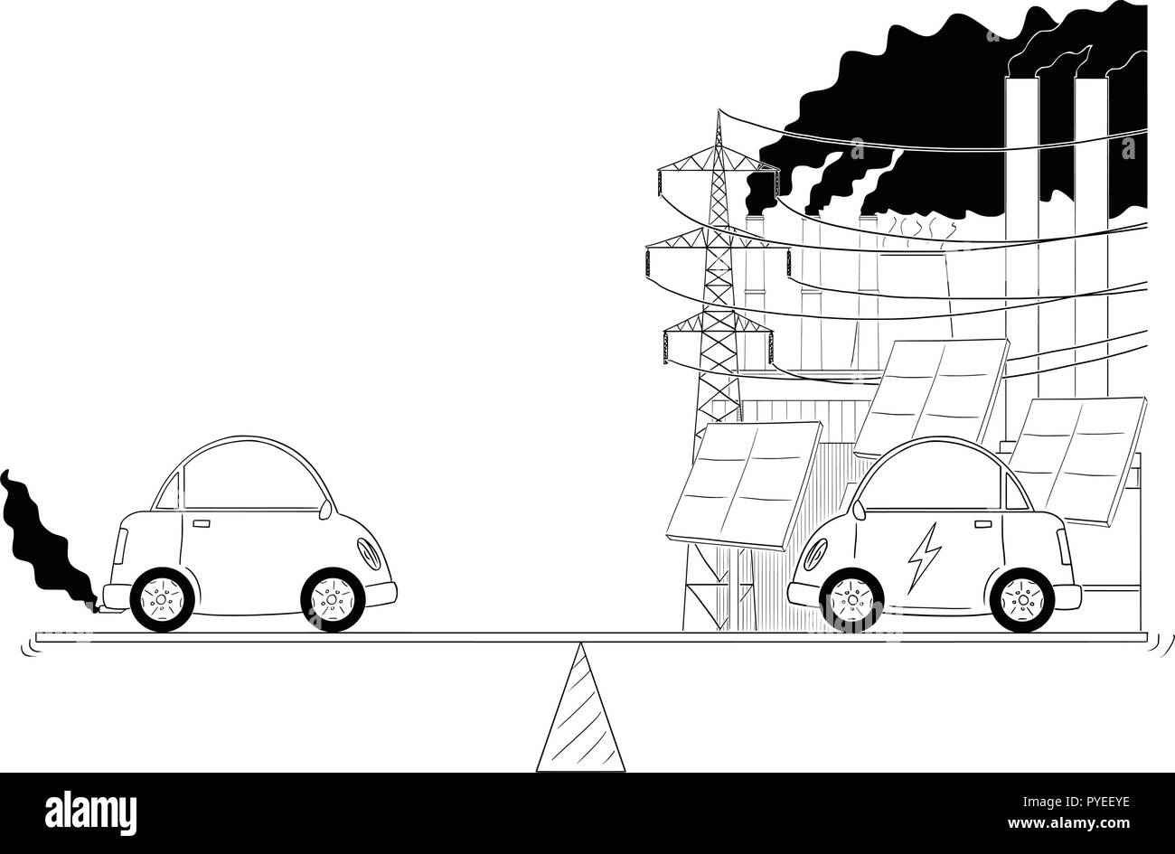 Cartoon di combustibile e auto elettriche misurate sulla bilancia Illustrazione Vettoriale