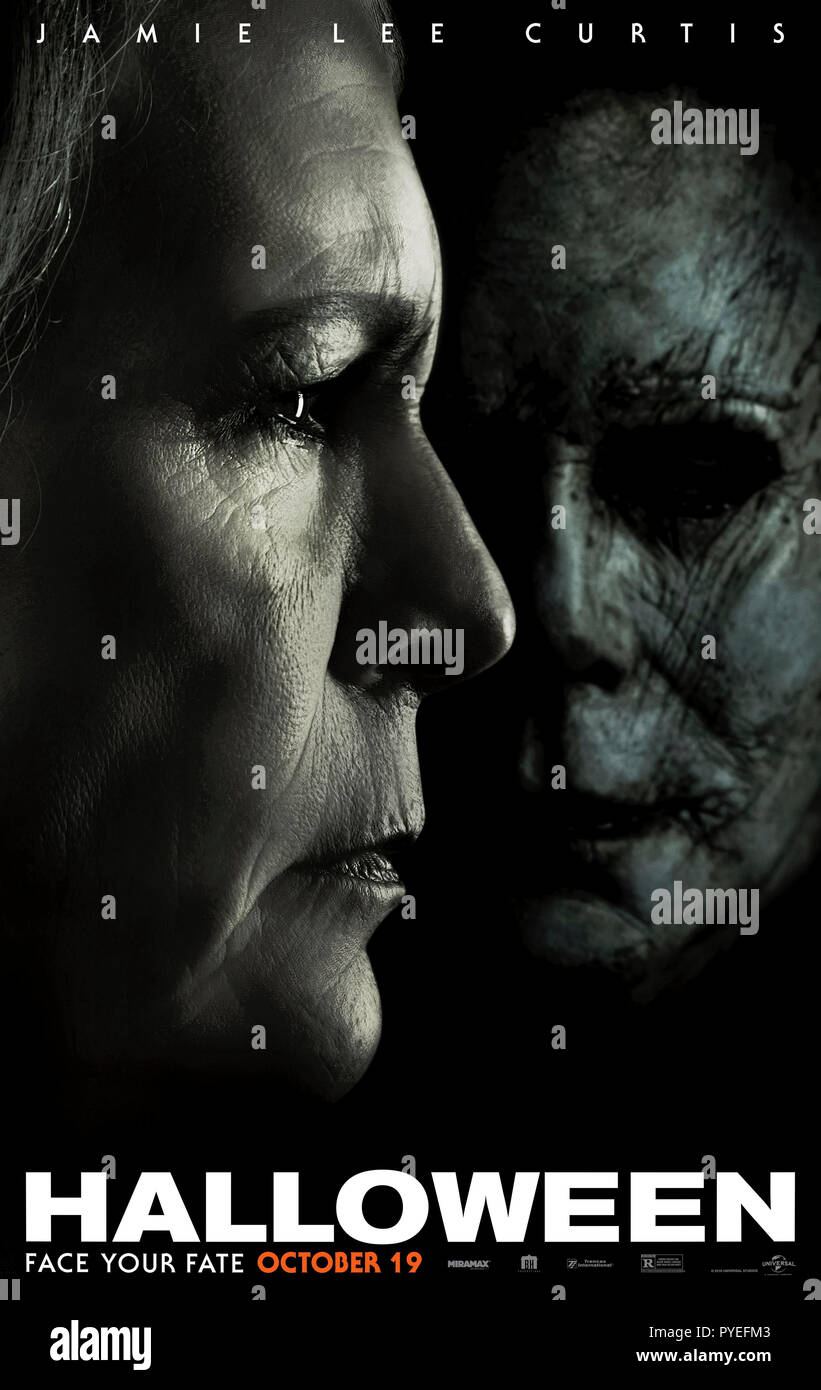 Halloween (2018) diretto da David Gordon Green e interpretato da Jamie Lee Curtis, Judy Greer, Andi Matichak e Rhian Rees. Laurie ha progredito di scontro finale con serial killer Michael Myers. Foto Stock