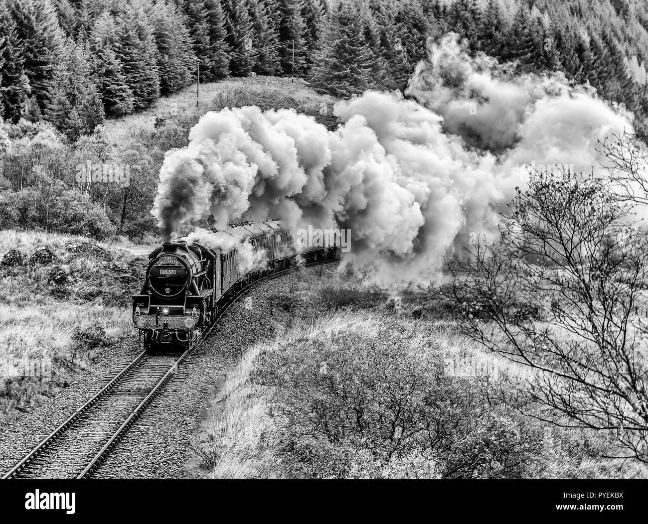 Il Giacobita Fort William a Mallaig Scenic Railway guidato da LMS Classe 5MT 4-6-0 45157, il Glasgow Highlander treno a vapore Foto Stock