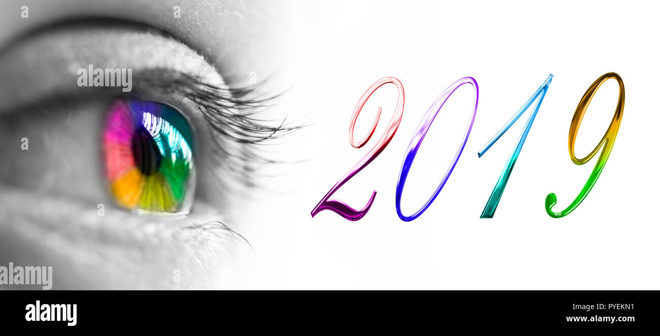2019 e colorato rainbow occhio intestazione, 2019 Anno Nuovo concetto dei messaggi di saluto Foto Stock