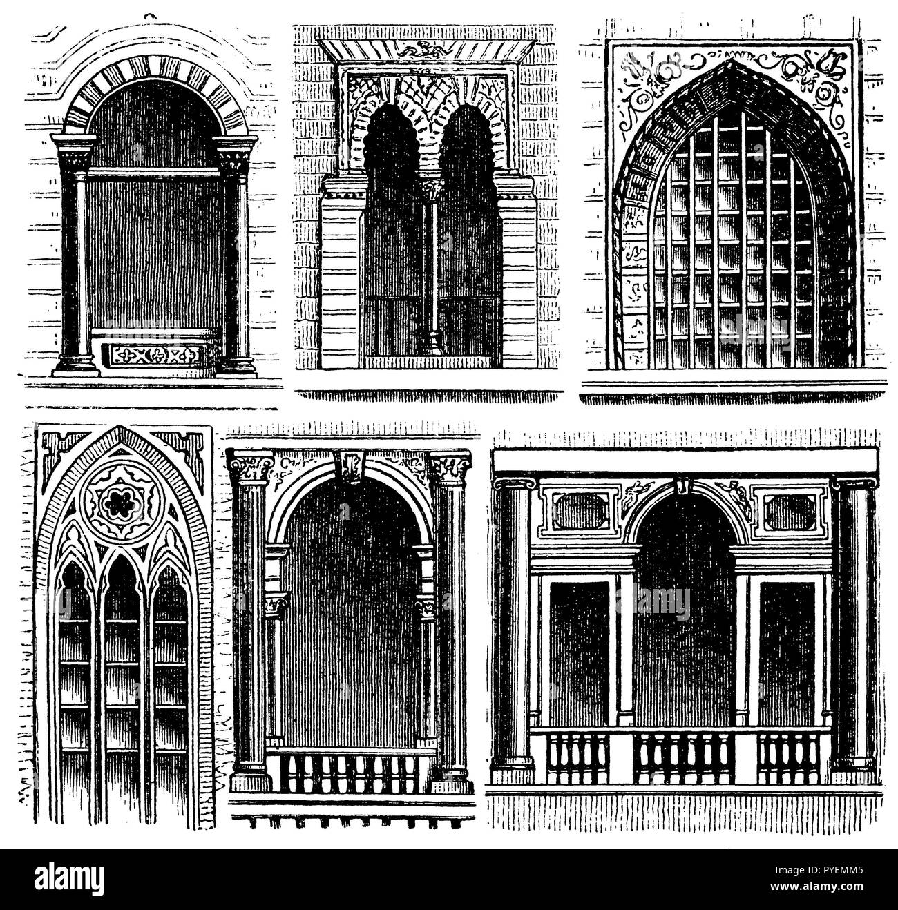 Windows (dalla parte superiore sinistra alla parte inferiore destra): bizantino, moresca, Mohammedan di stile gotico, finestre rinascimentali, Rinascimento veneziano, Foto Stock