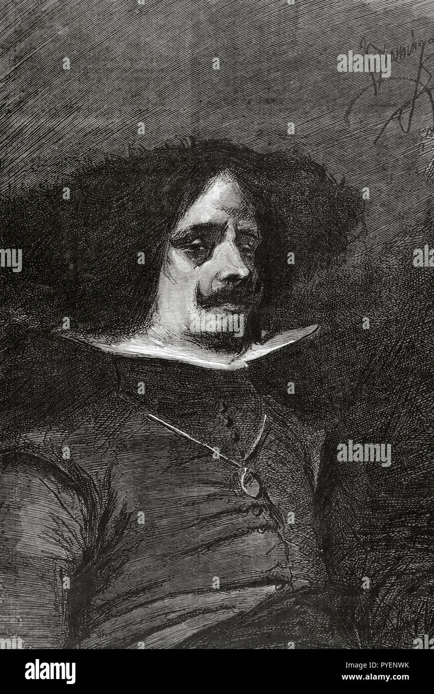 Diego de Silva Velázquez (1599-1660). Lo spagnolo pittore barocco. Ritratto di autografi esistenti nel Museo di Valencia. Disegno di F. Domingo dopo un ritratto originale. Incisione. La Ilustracion Española y Americana, 1876. Foto Stock