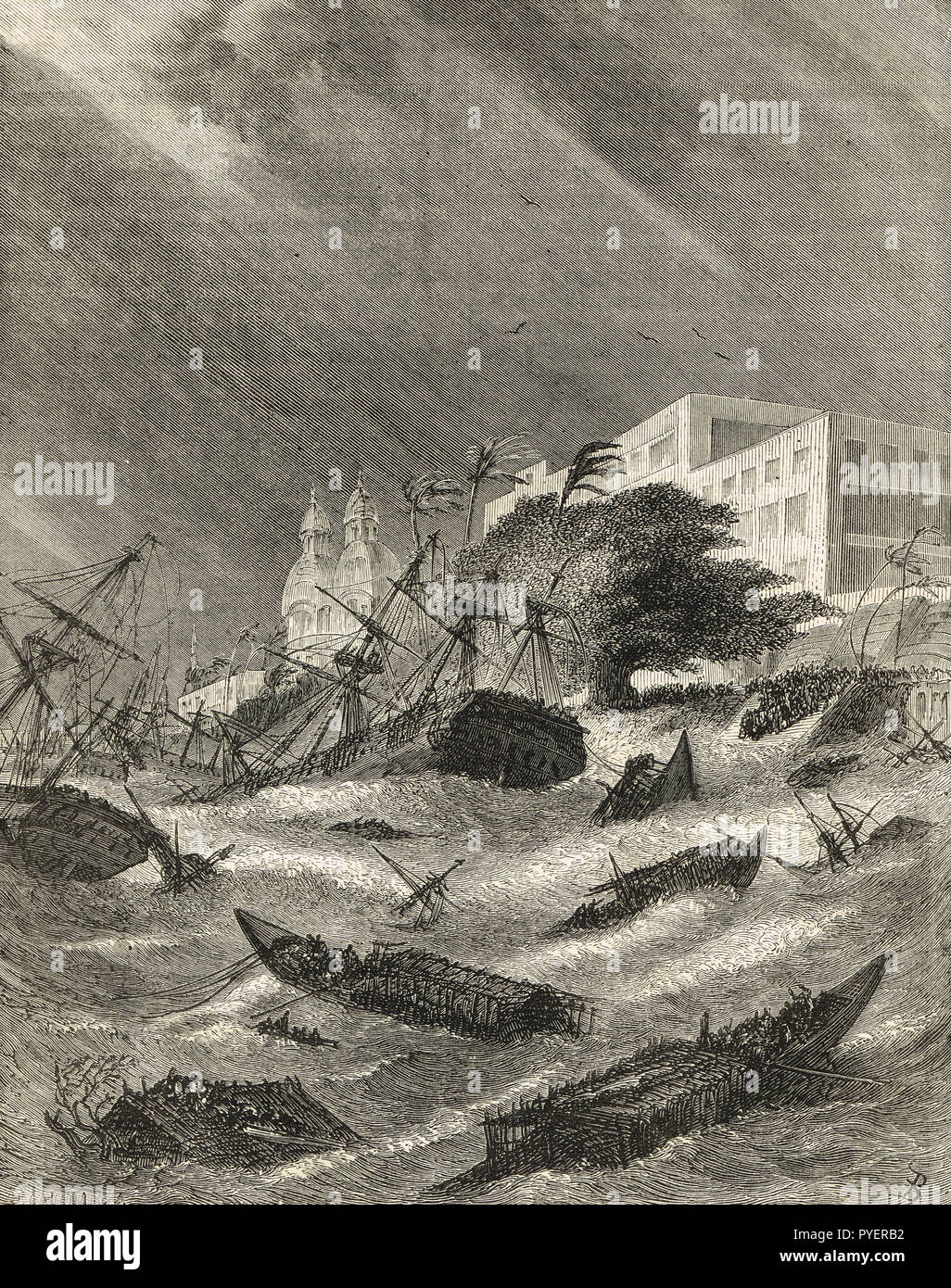 Ciclone in Calcutta, presente giorno Kolkata, India, 1876, il grande Backerganj ciclone del 1876 Foto Stock