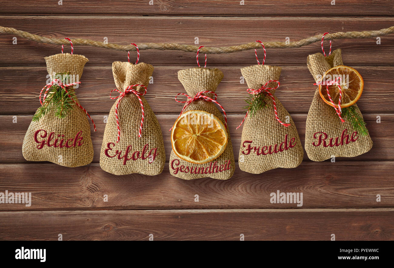 Scheda di Natale saluti di natale avvento sacco di iuta Foto Stock