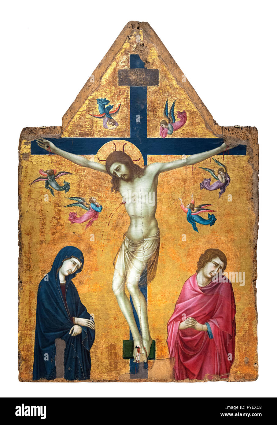 La Crocifissione con la Vergine e San Giovanni e angeli di Ugolino di Nerio (c.1280-1349), tempera e oro su pannello Foto Stock