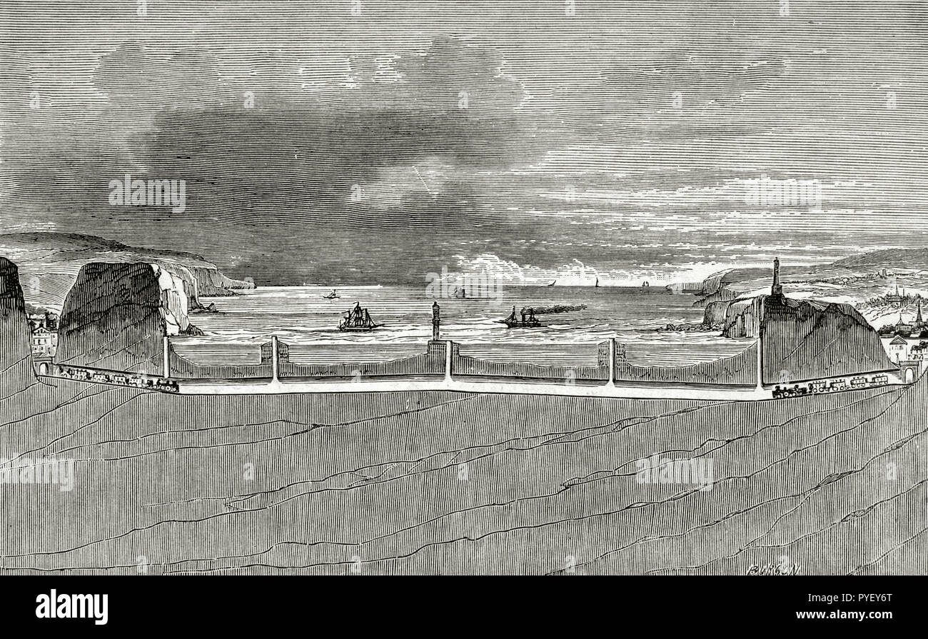 L'Europa. Progetto di lavoro per collegare le porte di Calais (Francia) e Dover (Inghilterra), attraverso il canale della Manica. Incisione raffigurante la sezione longitudinale del tunnel sottomarino. Progetto visionario dell'ingegnere francese Aimé Thomé de Gamond (1807-1876) che credevano di vitalità per la costruzione di un tunnel del canale sotto lo Stretto di Dover. Incisione di Burgun. La Ilustracion Española y Americana. Il 30 gennaio 1876. Foto Stock
