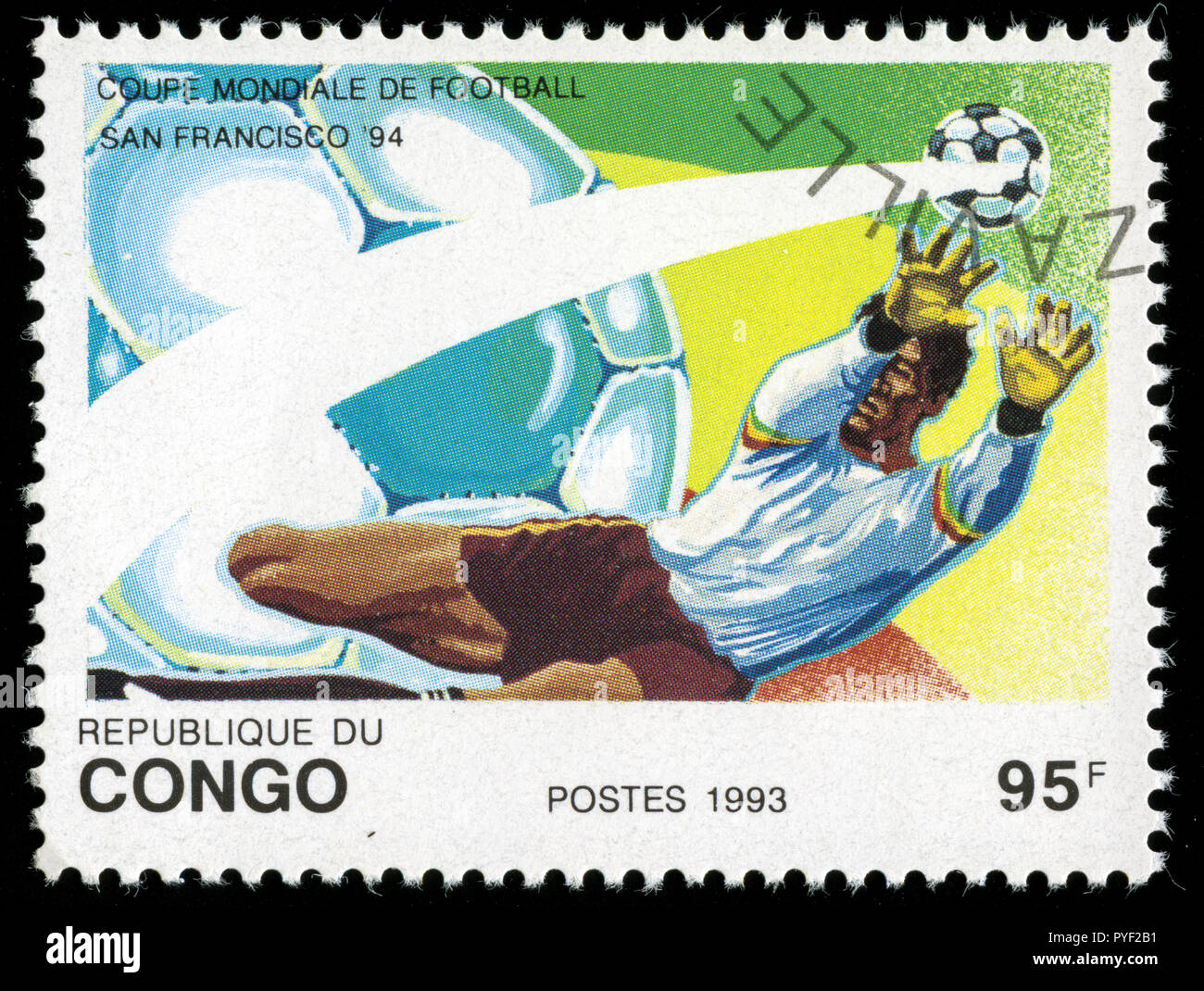 Con timbro postale timbro dal Congo Brazzaville nel Campionato Mondiale di Calcio serie rilasciato in 1973 Foto Stock