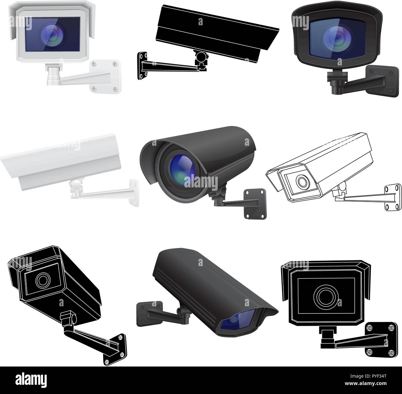 La protezione CCTV fotocamera set. Dispositivi di sorveglianza. 3d e disegni di contorno Illustrazione Vettoriale